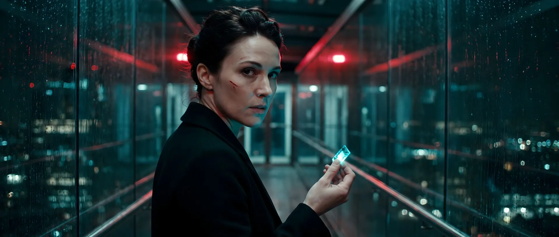 A woman in a dark coat in a neon lit corridor, holding a glowing card