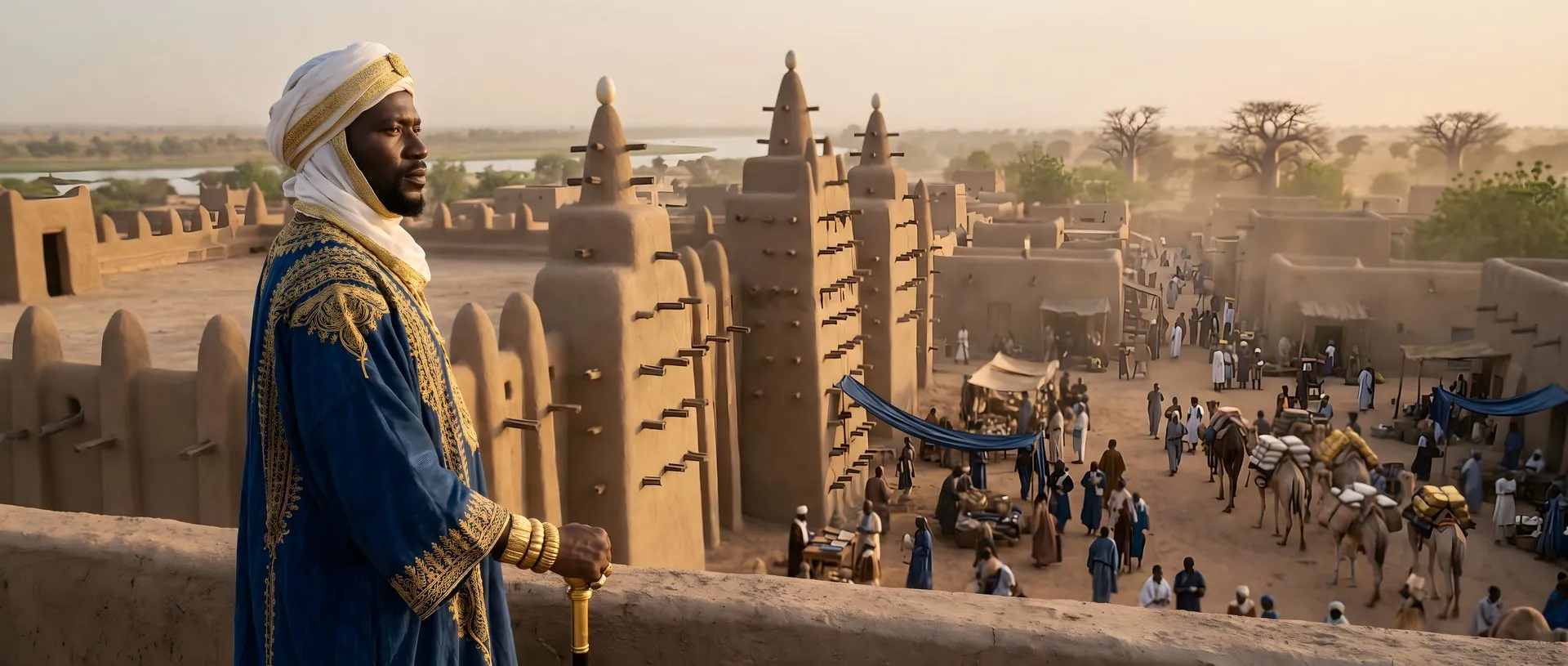 A robed ruler on a terrace above a mud brick city at golden hour